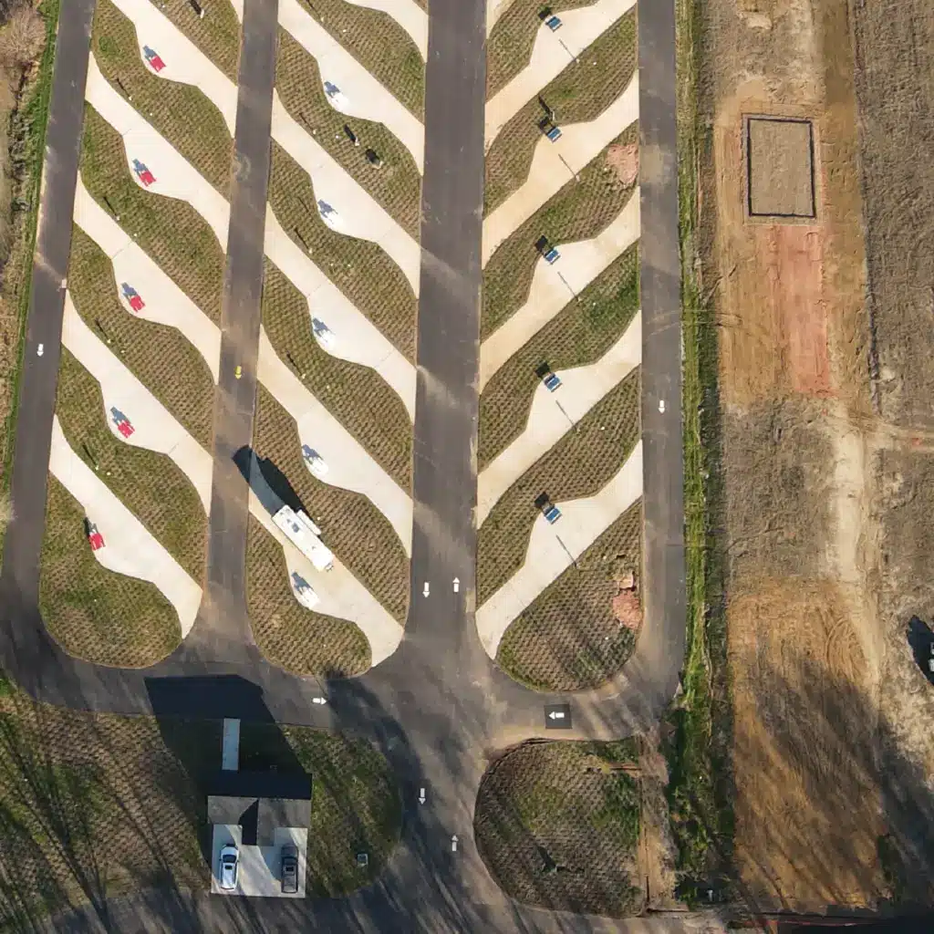 Aerial photo of an RV park with angled concrete pull-through pads, paved drive lanes, hookup pedestals, a few parked