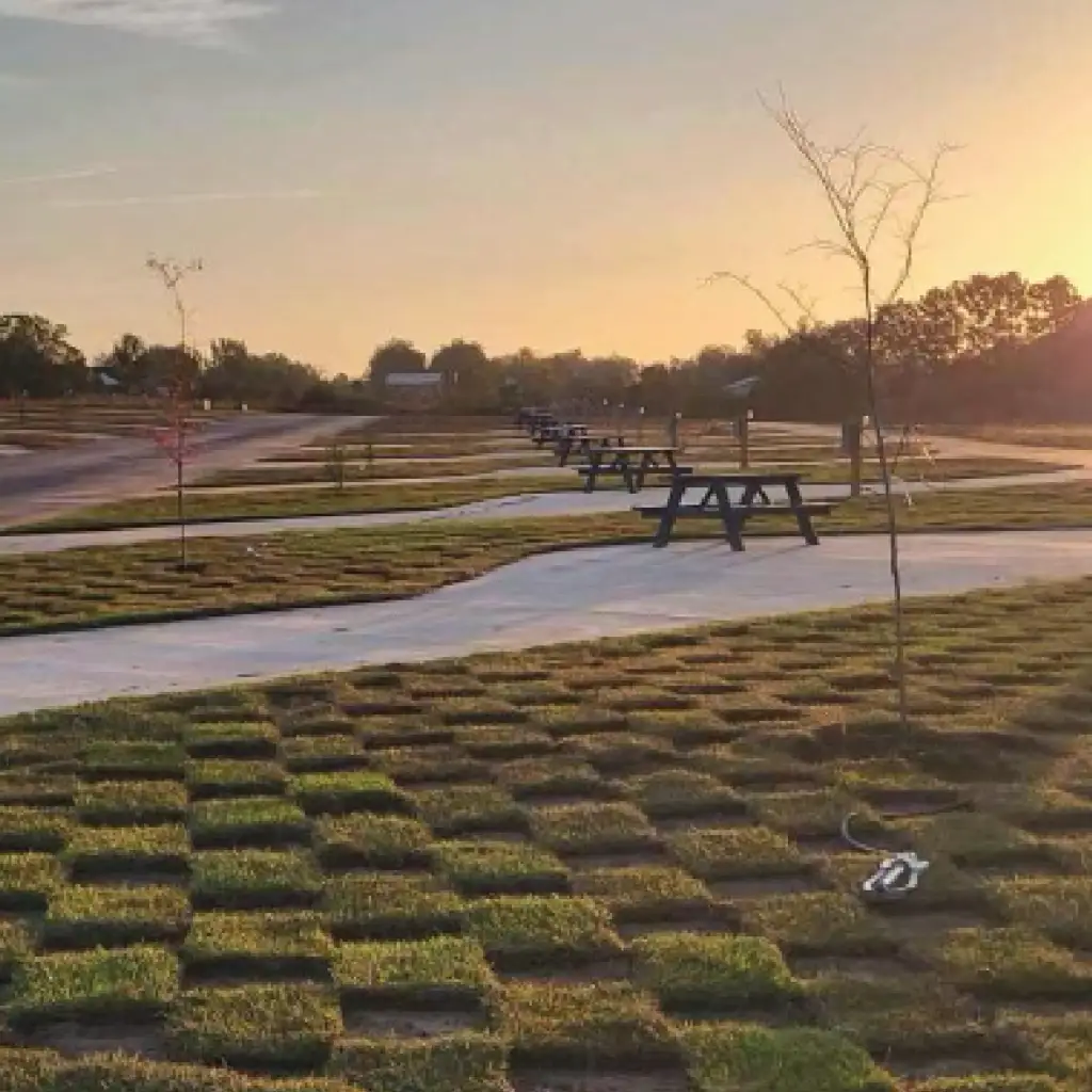Sunset over a newly developed RV park with fresh sod patches, concrete pads, picnic tables, and young staked trees.